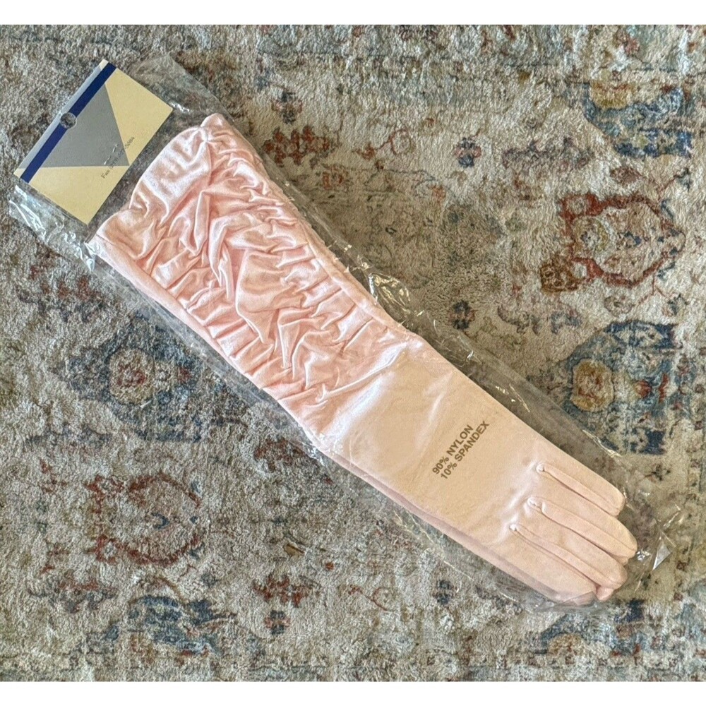 Vintage Pink Ruched Nylon Spandex Long Opera Gloves Deadstock Hollywood